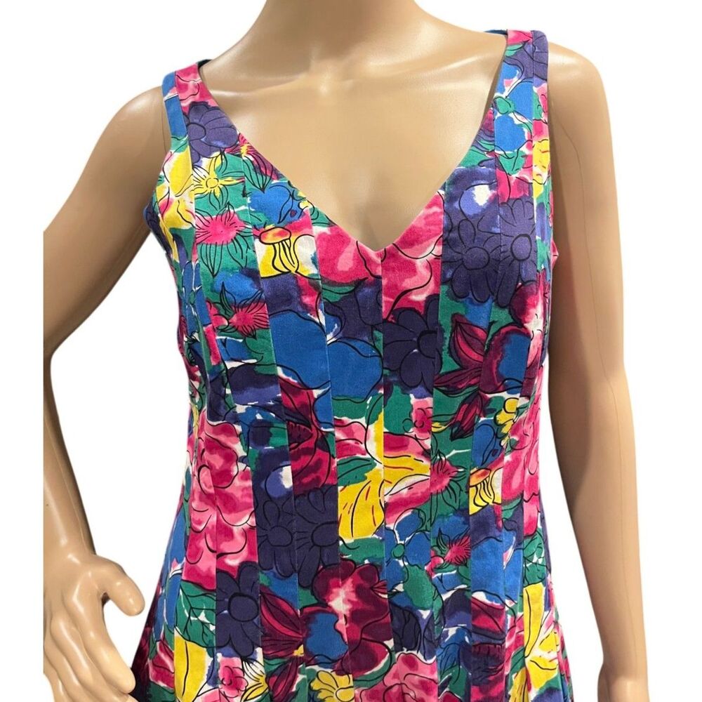 JONES NEW YORK Pleated V-Neck Bright Multicolor Floral Sleeveless Summer Dress 8 - Picture 4 of 8